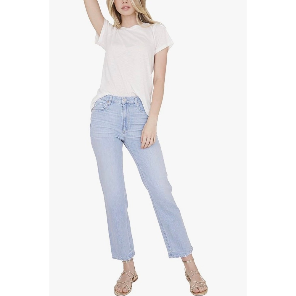 Paige Noella High Rise Straight Leg Jeans Light Wash Blue Distressed Size 27